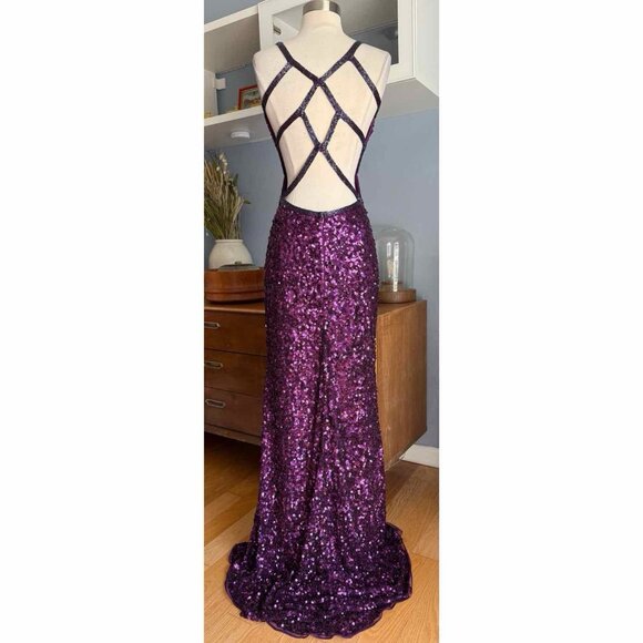 Primavera Couture 1853 Sequin Beaded Plum Gown Formal Dress Prom Long - Picture 2 of 12